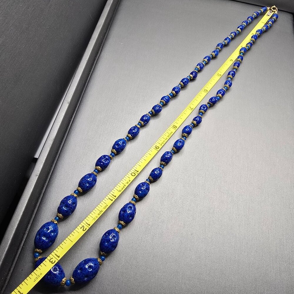 VTG Czech ‘Lapis’ Art Glass Necklace 26" Graduated Nugget Beads Brass Caps 1950s - Picture 7 of 12